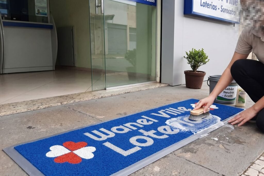Pessoa higienizando tapete de vinil personalizado Kapazi com sabão neutro na entrada de comércio em Sorocaba.